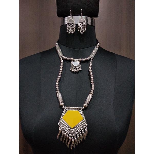 Jeweljunk Yellow Beads Rhodium Plated Navratri Necklace Set - 1112881C