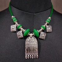 Jeweljunk Green Beads Rhodium Plated Choker Necklace - 1112902E