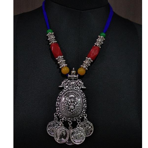 Jeweljunk Multicolor Beads Rhodium Plated Thread Navratri Necklace - 1112918A