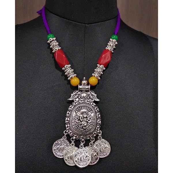 Jeweljunk Multicolor Beads Rhodium Plated Thread Navratri Necklace - 1112918D