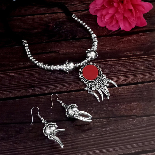 Jeweljunk Oxidised Plated Red Color Necklace Set