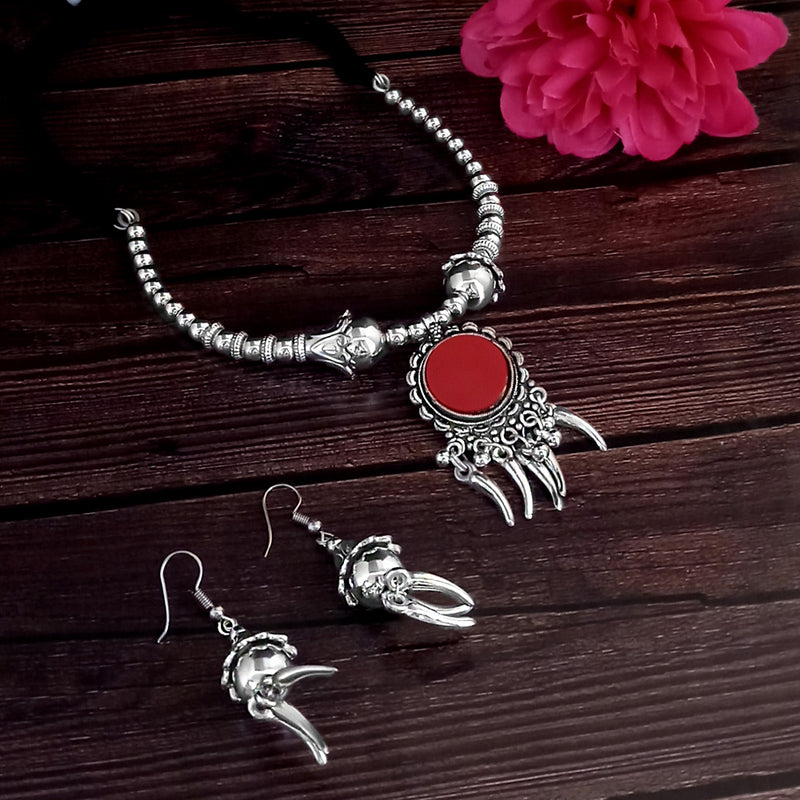 Jeweljunk Oxidised Plated Red Color Necklace Set