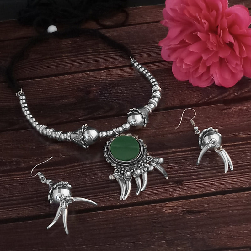 Jeweljunk Oxidised Plated Green Color Necklace Set