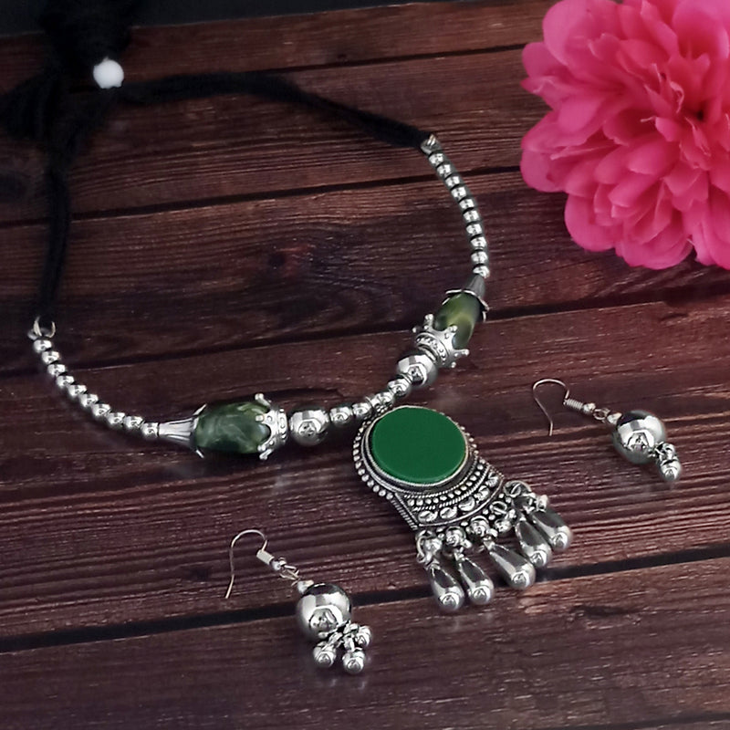 Jeweljunk Oxidised Plated Green color Necklace Set