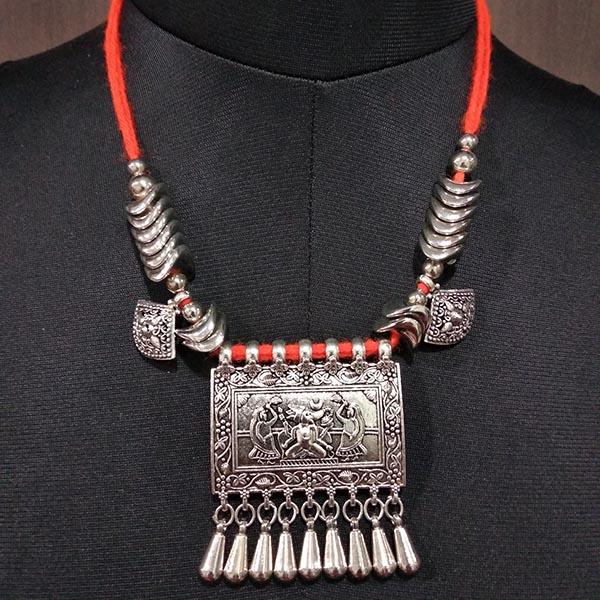 Jeweljunk Rhodium Plated Orange Thread Navratri Necklace - 1113026A