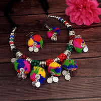 Jeweljunk Oxidised Plated Multicolor Pom Pom Necklace Set