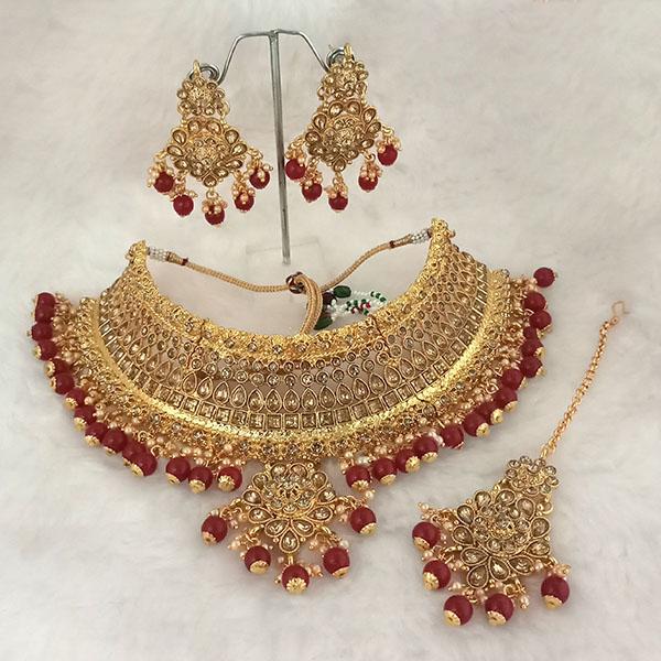 Kriaa Maroon Beads Austrian Stone Choker Necklace With Maang Tikka - 1113502A