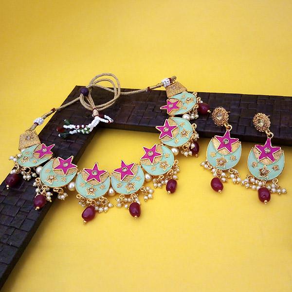 kriaa Green And Pink Meenakari And Austrian Stone Necklace Set - 1113802