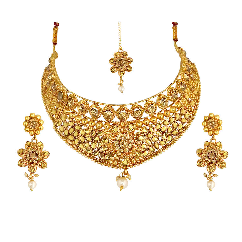 Kriaa Gold Plated Brown Austrian Stone Choker Necklace Sets with Maang Tikka