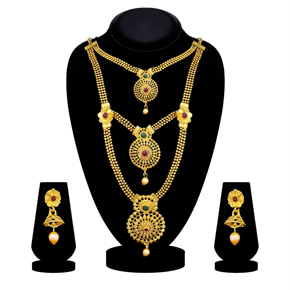 Kriaa Gold Plated Maroon And Green Stone Three layer Necklace Set