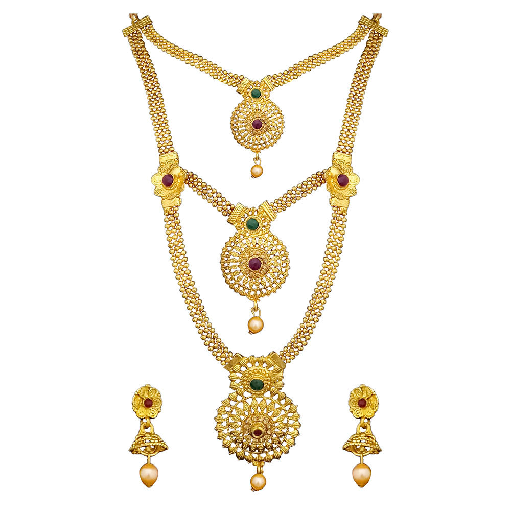 Kriaa Gold Plated Maroon And Green Stone Three layer Necklace Set