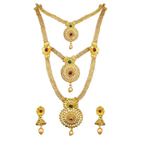 Kriaa Gold Plated Maroon And Green Stone Three layer Necklace Set