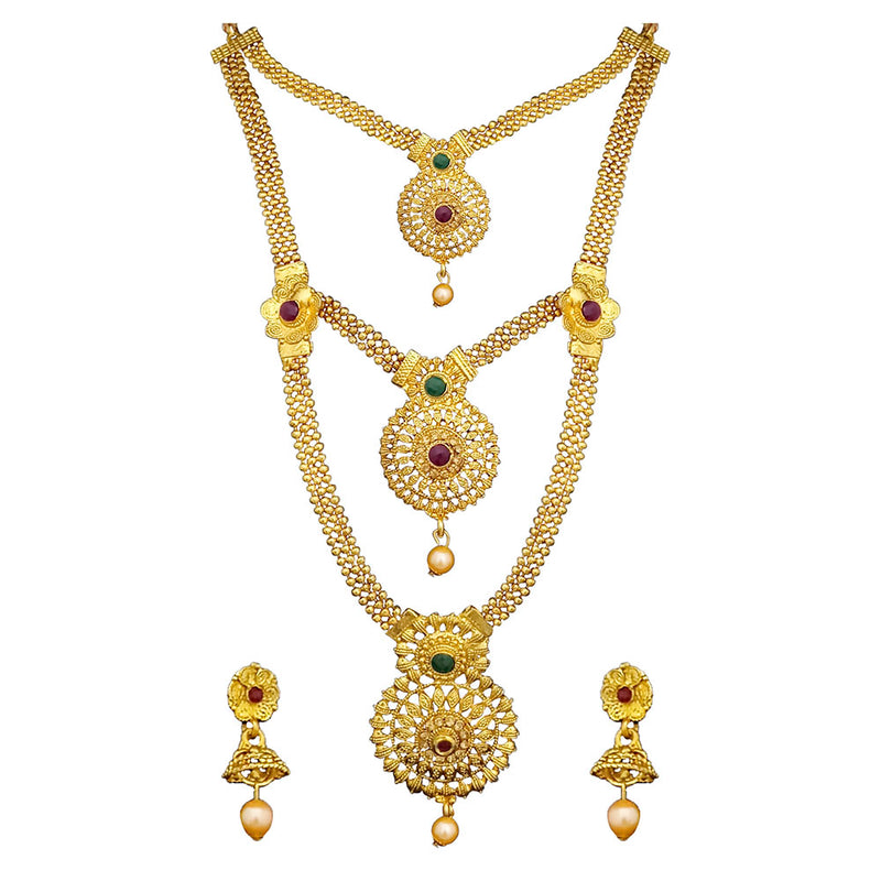 Kriaa Gold Plated Maroon And Green Stone Three layer Necklace Set