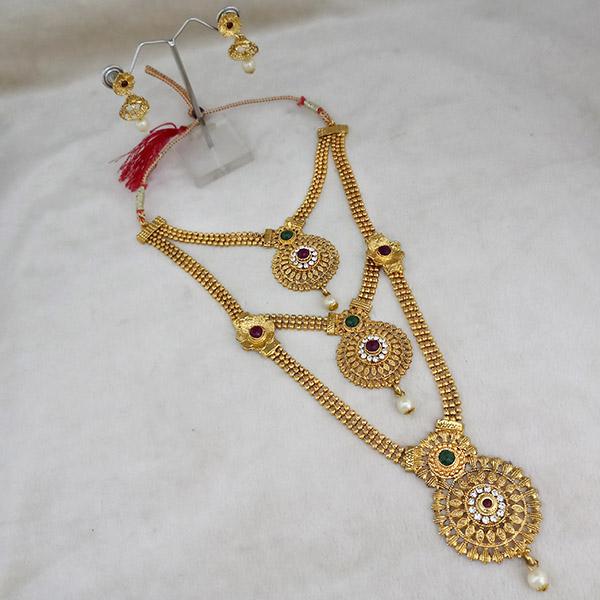 Kriaa Gold Plated Maroon And Green Stone Three layer Necklace Set - 1114008B