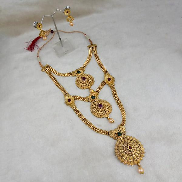 Kriaa Gold Plated Maroon And Green Stone Three layer Necklace Set - 1114009A