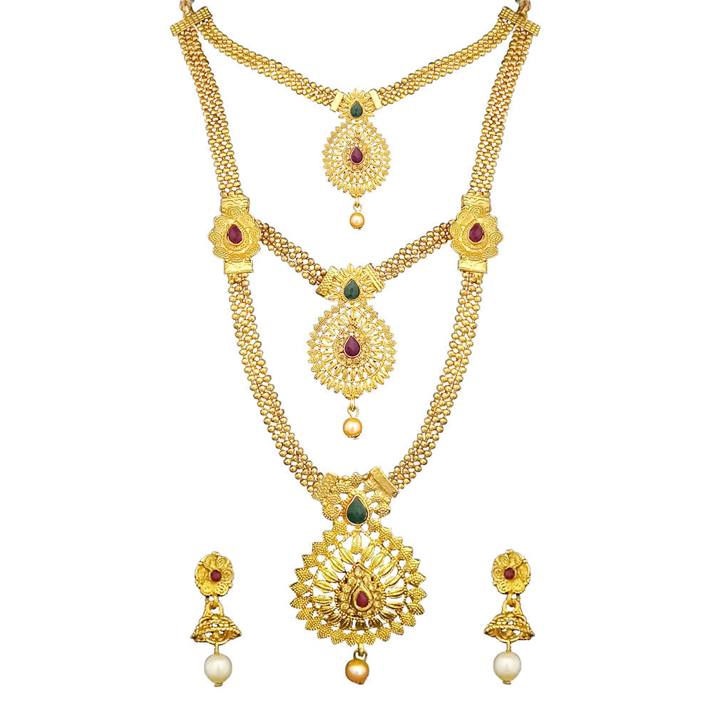 Kriaa Gold Plated Maroon And Green Stone Three layer Necklace Set