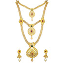 Kriaa Gold Plated Maroon And Green Stone Three layer Necklace Set