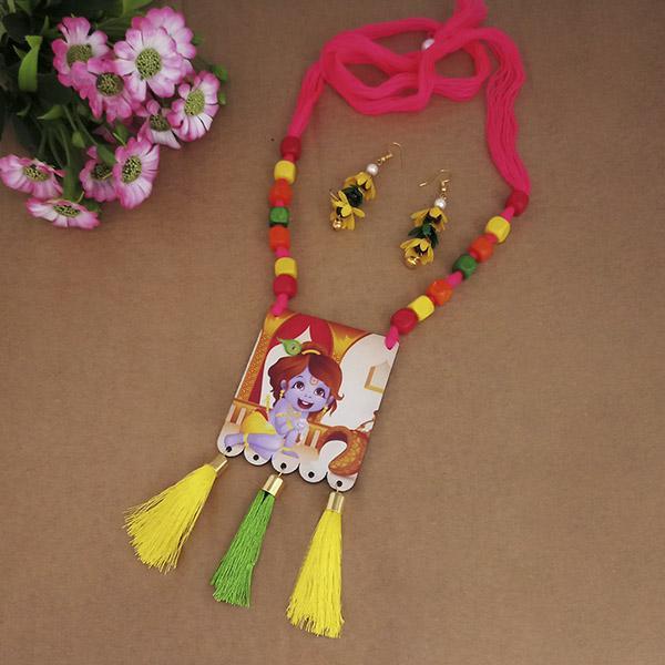 Urthn Lord Krishna Digital Printed Wooden Thread Necklace Set - 1114101