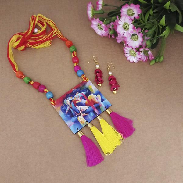 Urthn Lord Radha Krishna Digital Printed Wooden Thread Necklace Set - 1114106