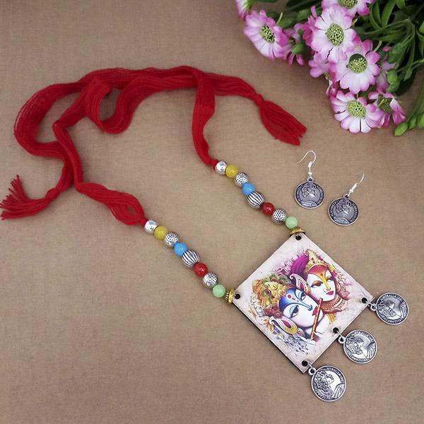 Urthn Lord Radha Krishna Digital Printed Wooden Thread Necklace Set - 1114135