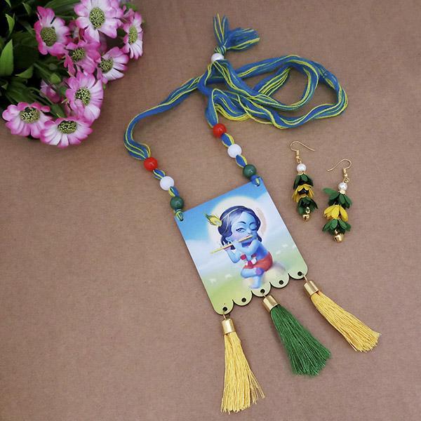 Urthn Lord Krishna Digital Printed Wooden Thread Necklace Set - 1114141