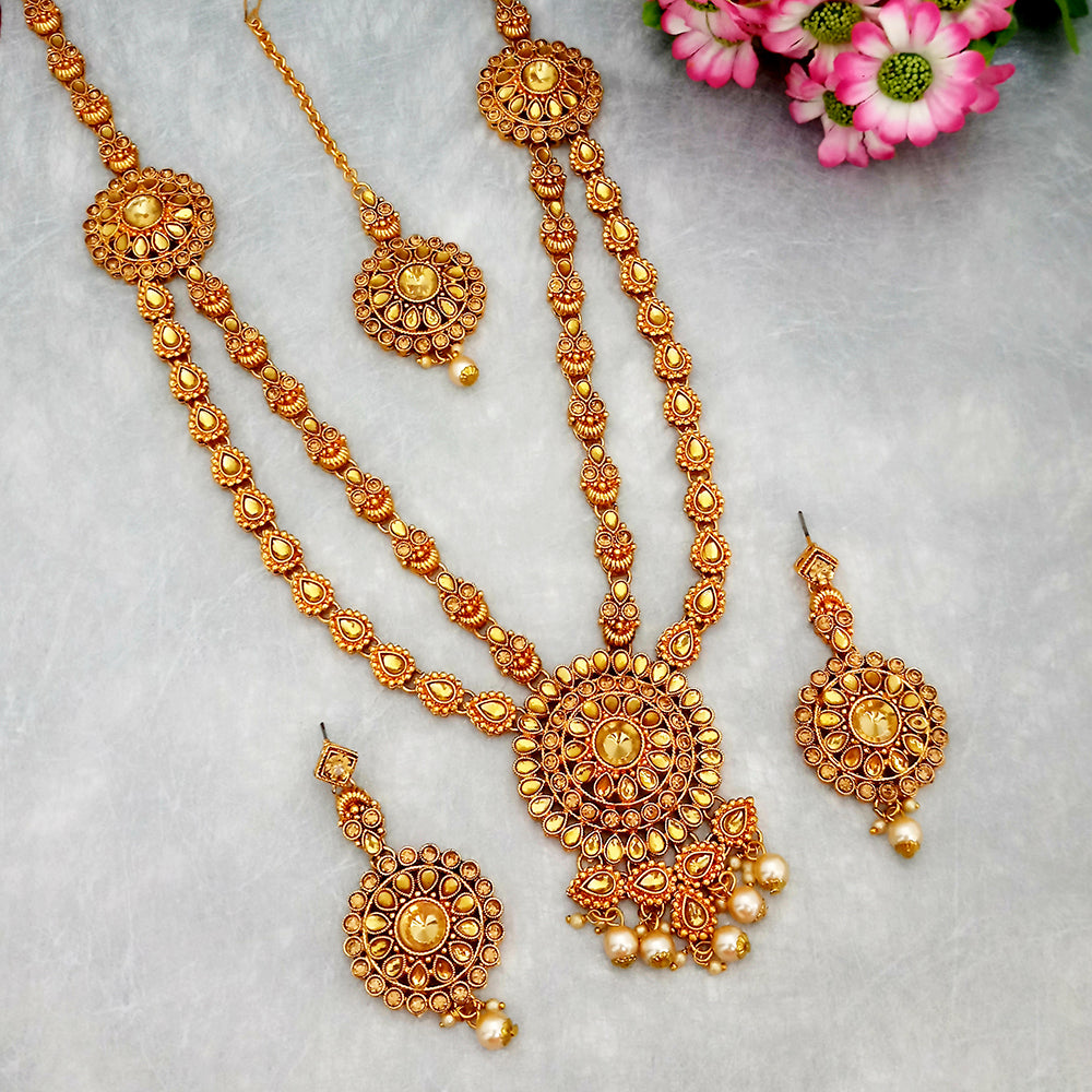 Kriaa Gold Plated Double Chain Stone Necklace Set With Maang Tikka