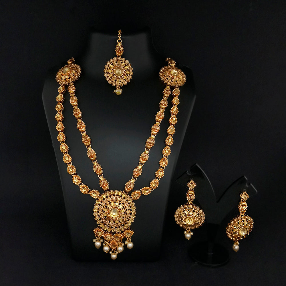 Kriaa Gold Plated Double Chain Stone Necklace Set With Maang Tikka