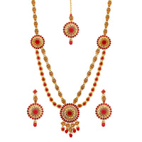 Kriaa Gold Plated Double Chain Red Stone Necklace Set With Maang Tikka