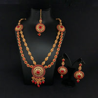 Kriaa Gold Plated Double Chain Red Stone Necklace Set With Maang Tikka