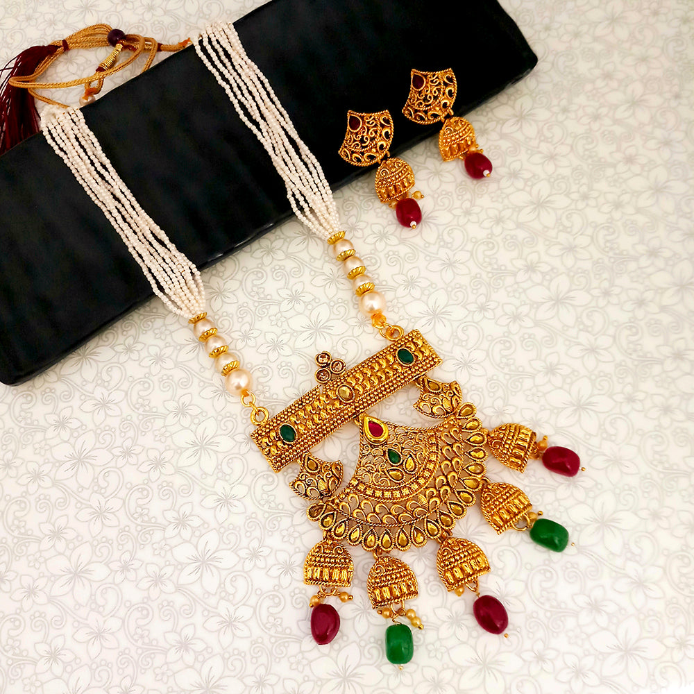 Kriaa Gold Plated Maroon And Green Stone And Pearl Long Haram Necklace Set