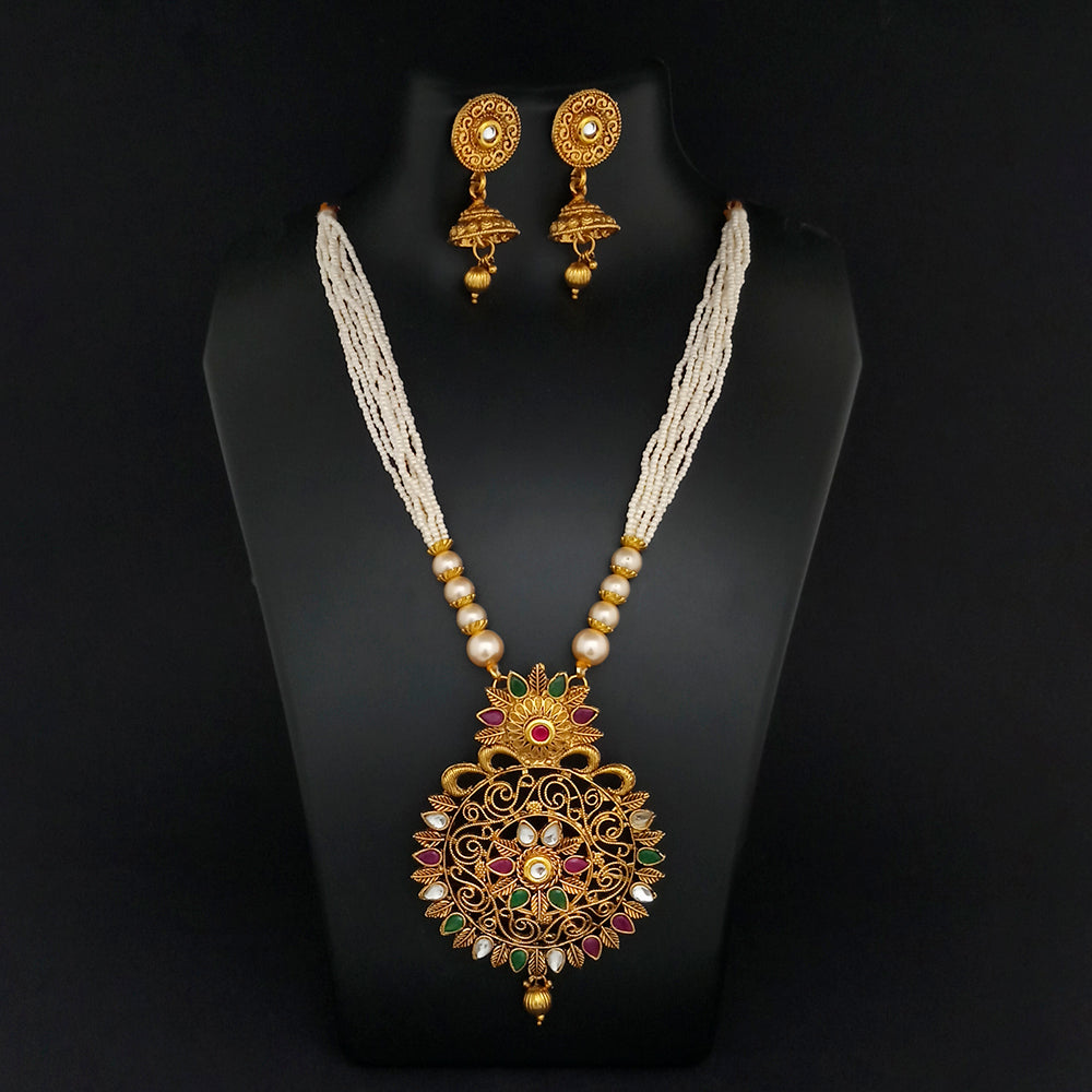 Kriaa Gold Plated Maroon And Green Stone And Pearl Long Haram Necklace Set