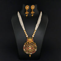 Kriaa Gold Plated Maroon And Green Stone And Pearl Long Haram Necklace Set