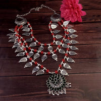Jeweljunk Oxidised Plated Red color Three Layer Necklace -1114558B