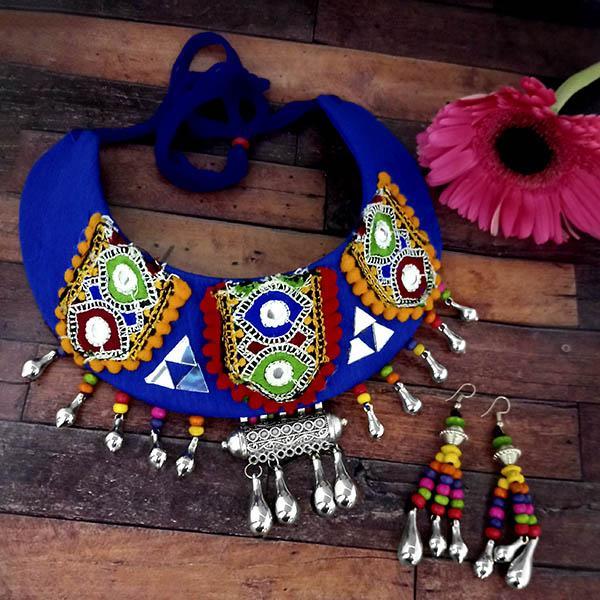 Jeweljunk Oxidised Blue Thread Choker Necklace Set - 1114601B