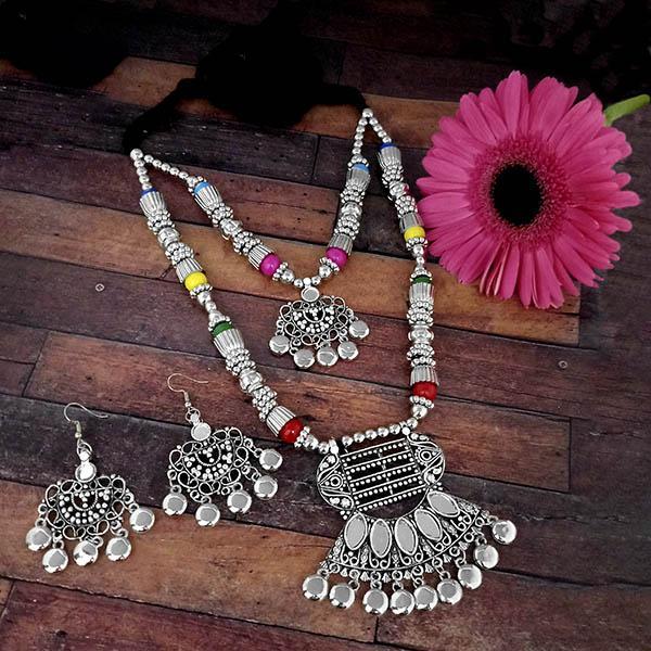 Jeweljunk Oxidised Plated Multicolor Two Layer Necklace Set - 1114608