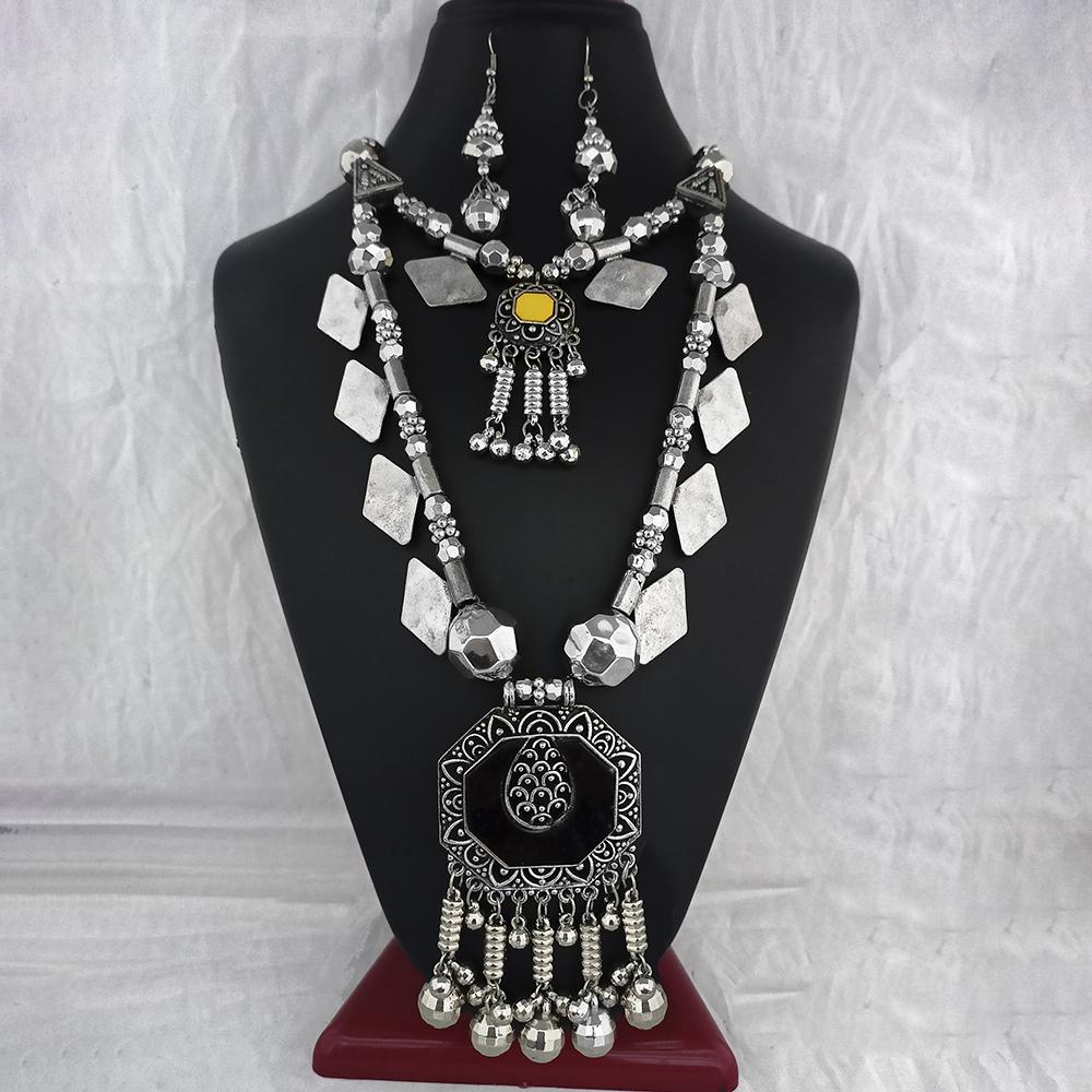 Jeweljunk Oxidised Plated Two Layer Necklace Set  - 1114651