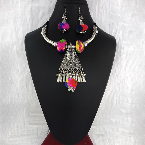 Jeweljunk Oxidised Plated Multicolor Pom Pom Necklace Set  - 1114654