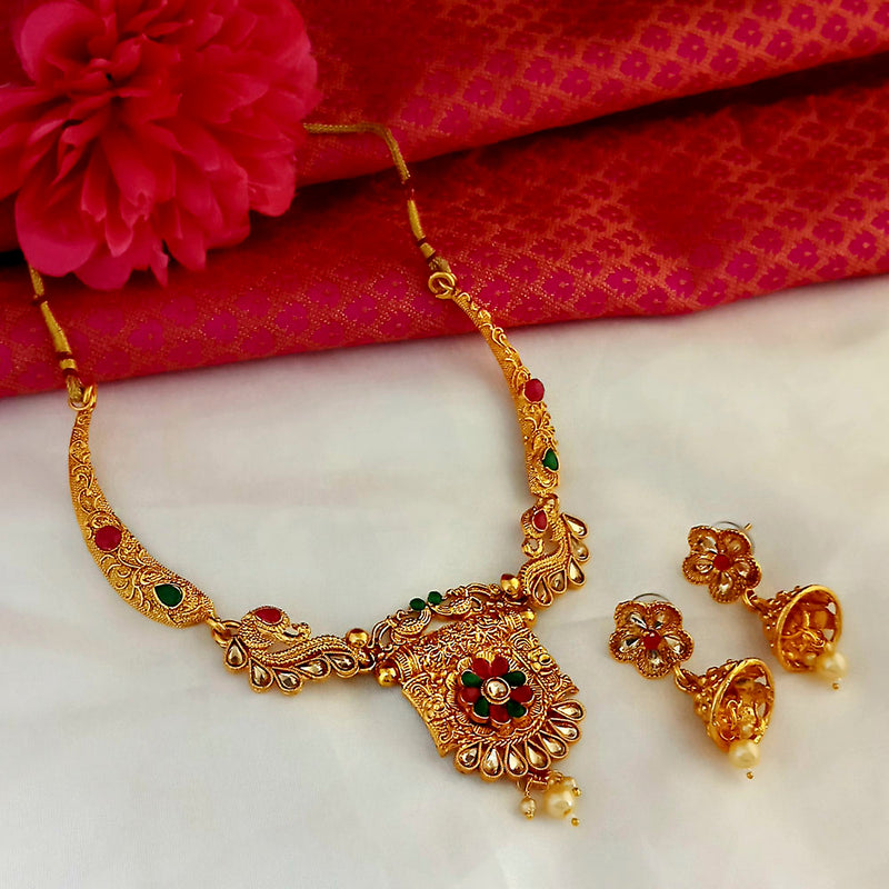 Kriaa Gold Plated Maroon And Green Stone Choker Necklace Set