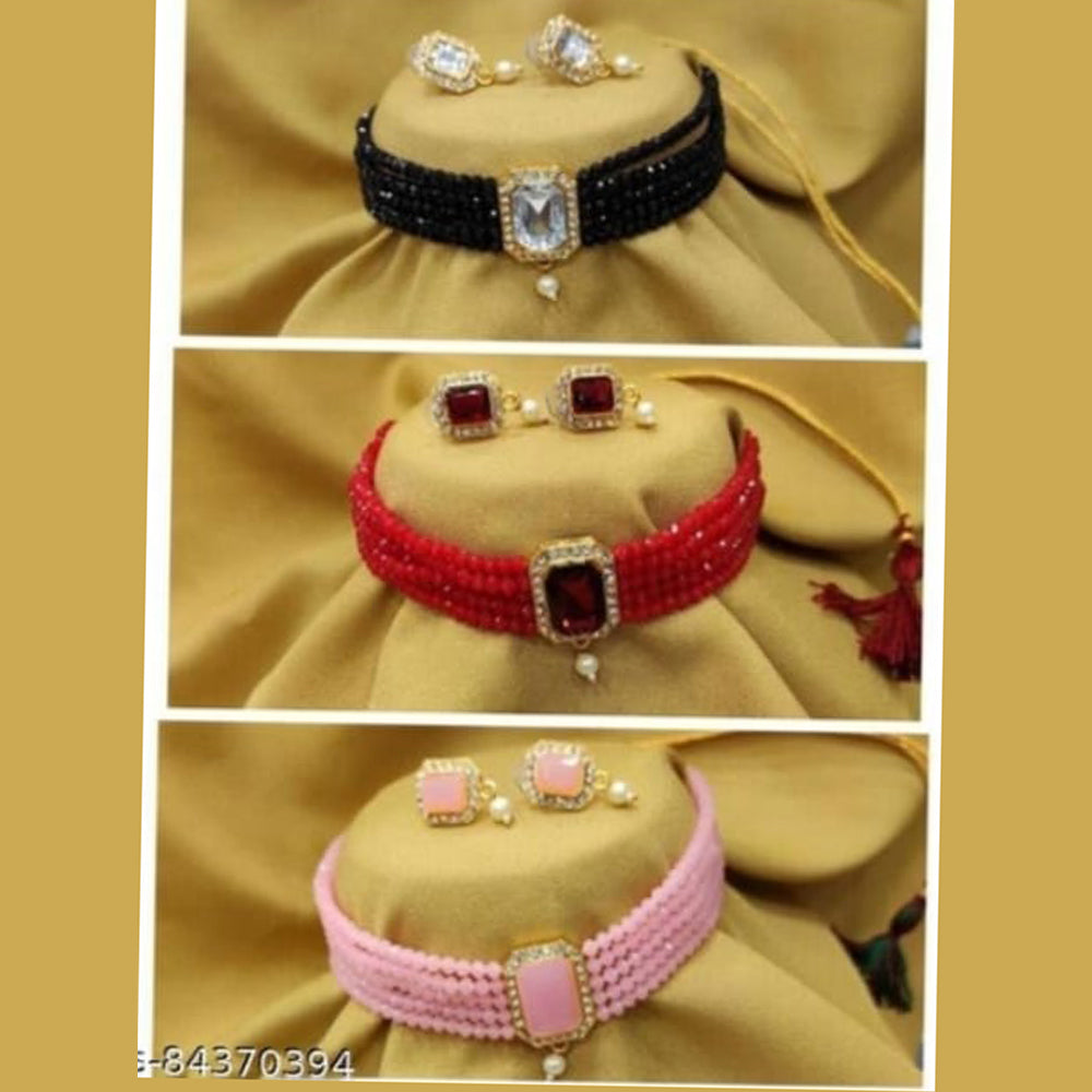 SNERA Gold Plated Pack Of 3 Austrian Stone & Beads Necklace Set