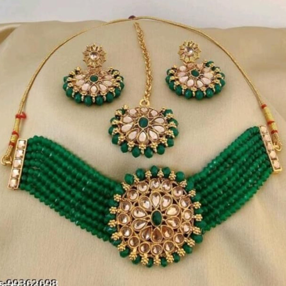 SNERA Gold Plated Kundan Stone  & Beads Necklace Set