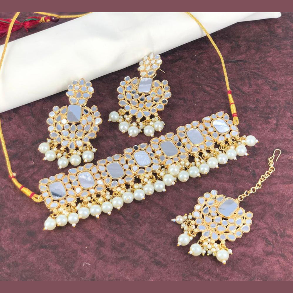 SNERA Gold Plated Mirror & Beads Choker Necklace Set