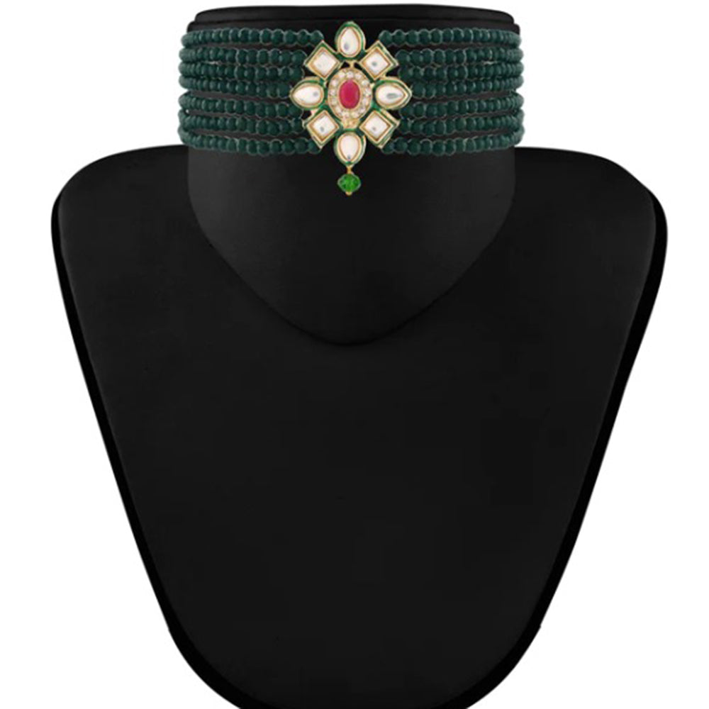 SNERA Gold Plated Kundan & Beads Choker Necklace Set