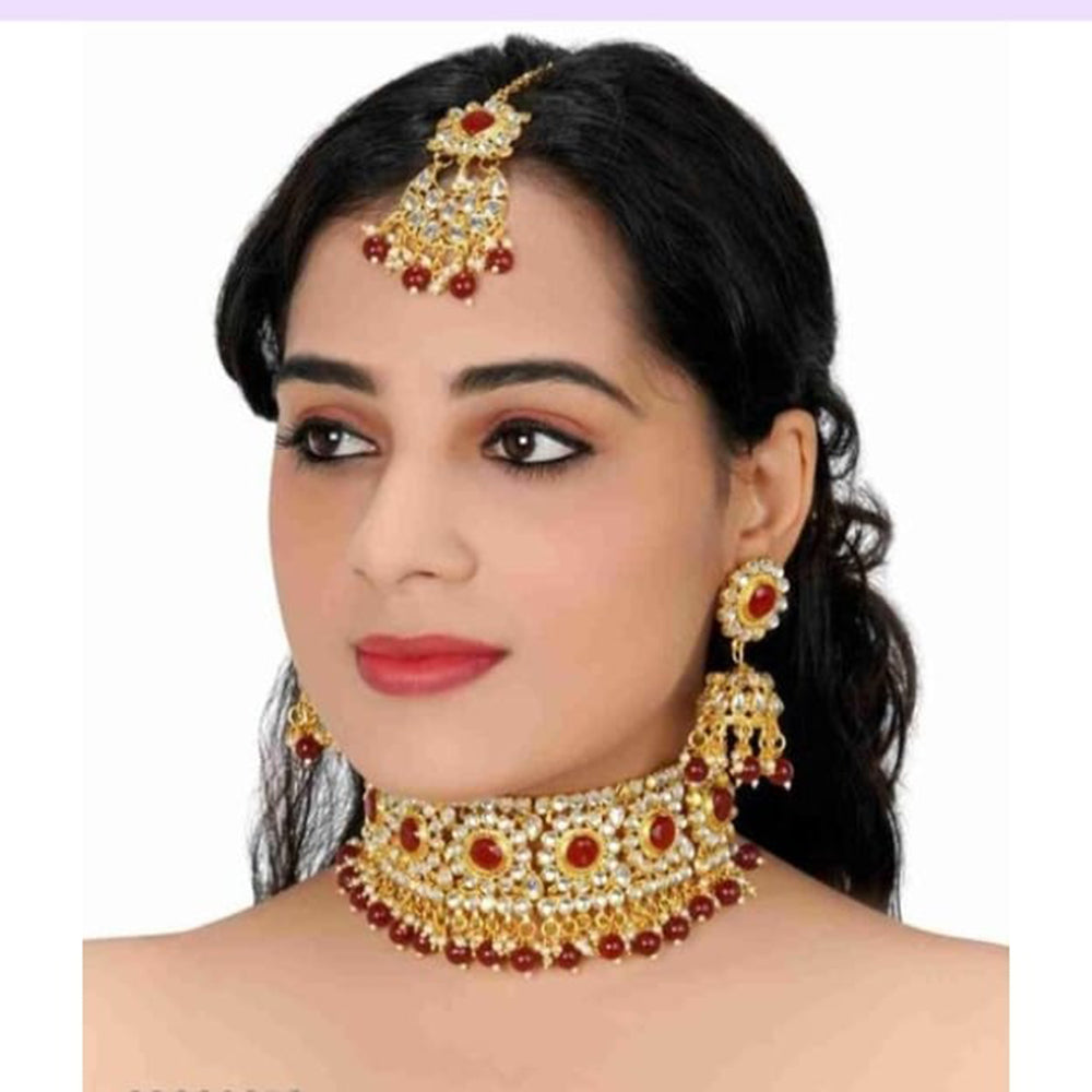 SNERA Gold Plated Kundan Stone & Beads Choker Necklace Set
