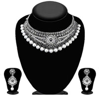 Kriaa Silver Plated Austrian Stone And Kundan Oxidised Choker Necklace Set - 1115303