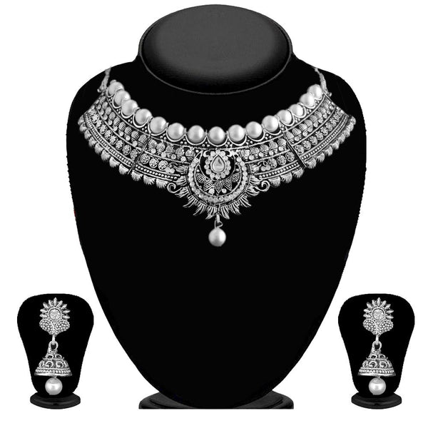 Kriaa Silver Plated Austrian Stone And Kundan Oxidised Choker Necklace Set - 1115306