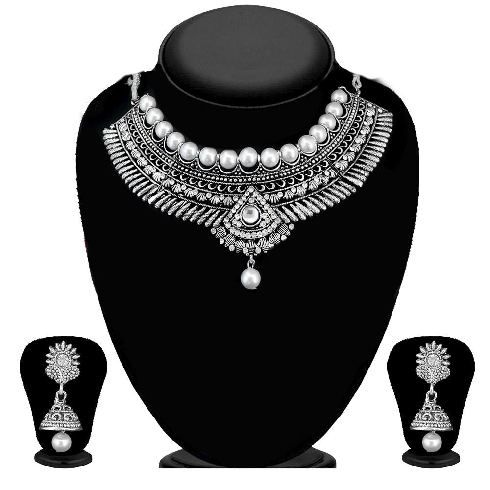 Kriaa Silver Plated Austrian Stone And Kundan Oxidised Choker Necklace Set - 1115308