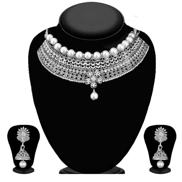 Kriaa Silver Plated Austrian Stone And Kundan Oxidised Choker Necklace Set - 1115309