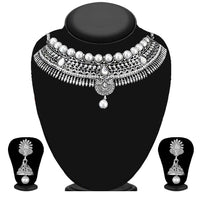 Kriaa Silver Plated Austrian Stone And Kundan Oxidised Choker Necklace Set - 1115310