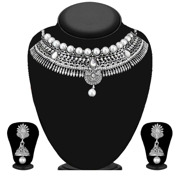 Kriaa Silver Plated Austrian Stone And Kundan Oxidised Choker Necklace Set - 1115310