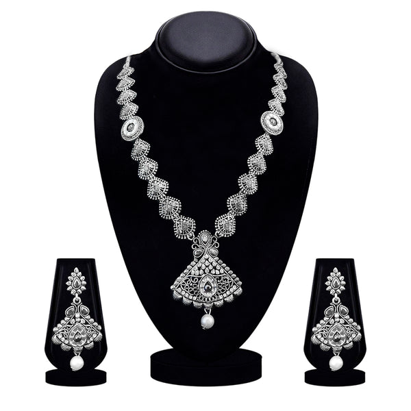 Kriaa Oxidised Plated White Austrian Stone Long Necklace Set